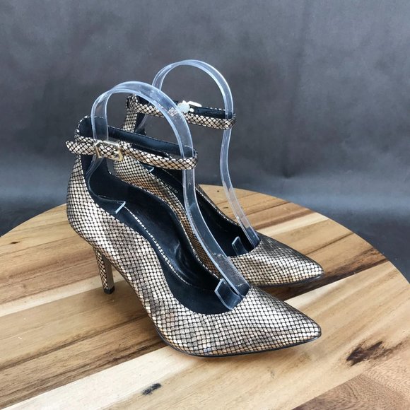 Max Studio Gold Metallic Ankle Strap Pump Heel Adjustable Pumps Womens Size 6 B - Picture 1 of 7